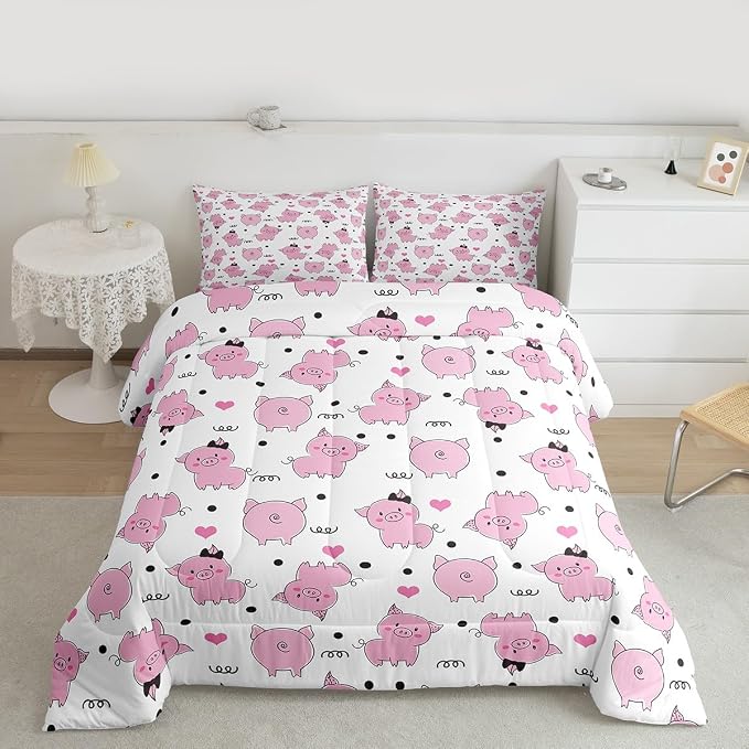 Erosebridal Pink Pig Comforter Set for Girls Kawaii Room Decor King,Cute Pigs Bedding Set for Kids Boys Children Farm Animal Quilted Duvet Sets Cartoom Style Soft Lightweight Down Comforter 3 Pcs - Image 2