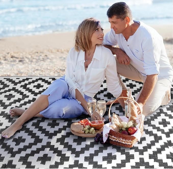 Outdoor Rugs, Outdoor Plastic Straw Rug, Reversible Waterproof Carpet for Camping, Poolside, Garden, BBQ Area, Gazebo Flooring, RV Park & Beach, Square Pattern, Black & White, 5'x8' - Image 7