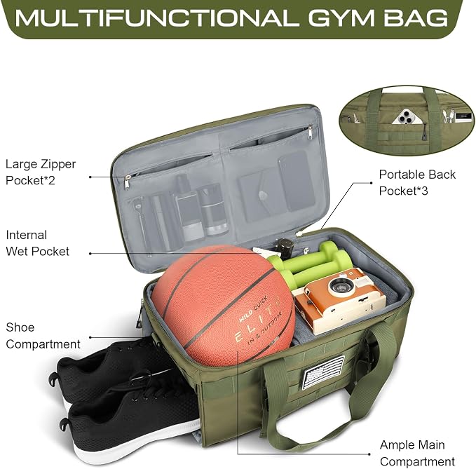 Gym Bags for Men Women, Military Duffle Bag Backpack with Shoe Compartment, 3 in 1 Carry on Bag Travel Backpack with Wet Pocket, Weekender Overnight Range Bag for Workout Football Gym, Green - Image 2