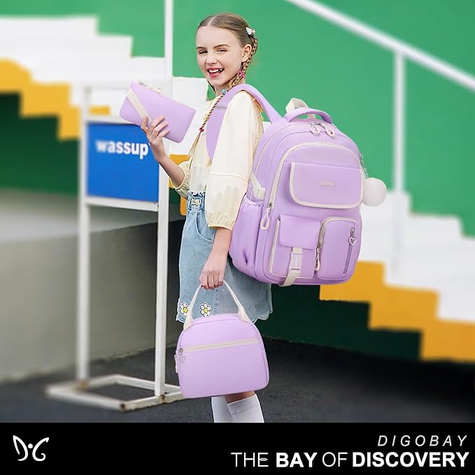 DIGOBAY Backpacks for Girls, 3PCS School Backpack with Lunch Box Pencil Pouch for Teen Girls Kids Elementary Primary Middle High College Daypack School bag Bookbag Set（Purple） - Image 6