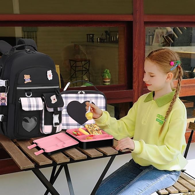 ACESAK Girls Backpack - Bento Box with Insulated Lunch Bag Pencil Case & Utensils Set for Kids, 6 Leakproof Compartments Removable Tray Lunches or Snack Container for School (Black) - Image 7