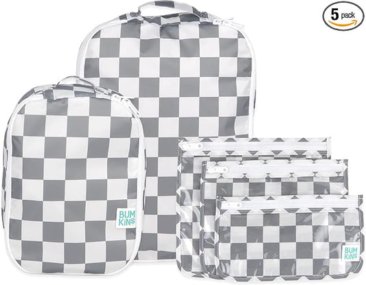 Bumkins Packing Cubes and TSA Approved Pouches for Travel Bag, Organize Luggage with Compression Bag, Essential Traveling Accessories to Pack Clothes, Toiletries Carry On Suitcase, 5-pc Gray Check by Bumkins