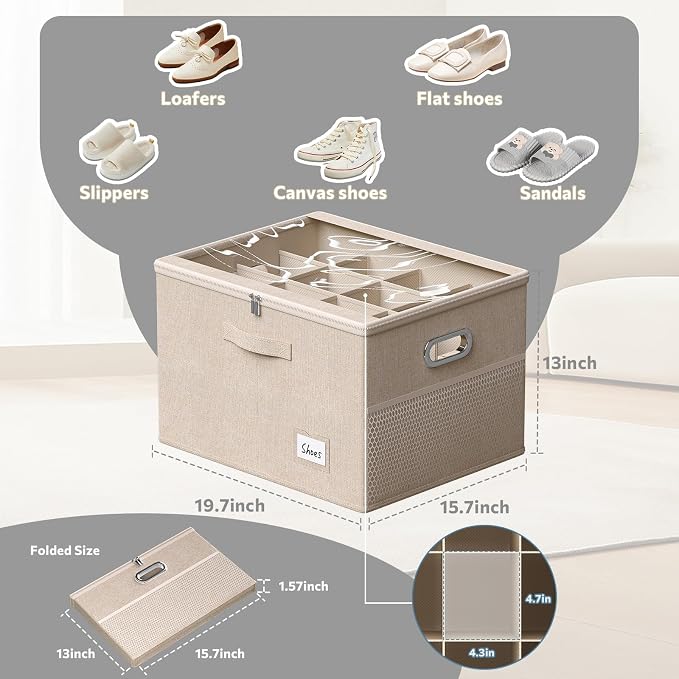 2 Pack Shoe Organizer for Closet Large Shoe Box Storage Containers with Clear Window Space Saving Shoe Bin with Foldable Bottom Support Adjustable Dividers Fits 32 Pairs (Beige, (19.7x15.7x13inch)x2) - Image 3