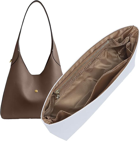 Doxo DoxoPurse Organizer Insert for Coach Brooklyn 28 | 8 Pockets with YKK Side Zipper | Waterproof Tyvek Bag Organizer for Coach Brooklyn Shoulder Bag/Tote Divider Shaper(28,White yellow-brown) by Doxo