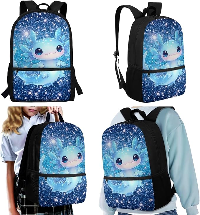 Glitter Axolotl 4-Piece Kids Backpack Set – No Extra Purchases Needed! 17'' School Bag with Insulated Lunch Bag, Pencil Case & Water Bottle Pouch, Lightweight Bookbag for Girls Age 6-12 - Image 2