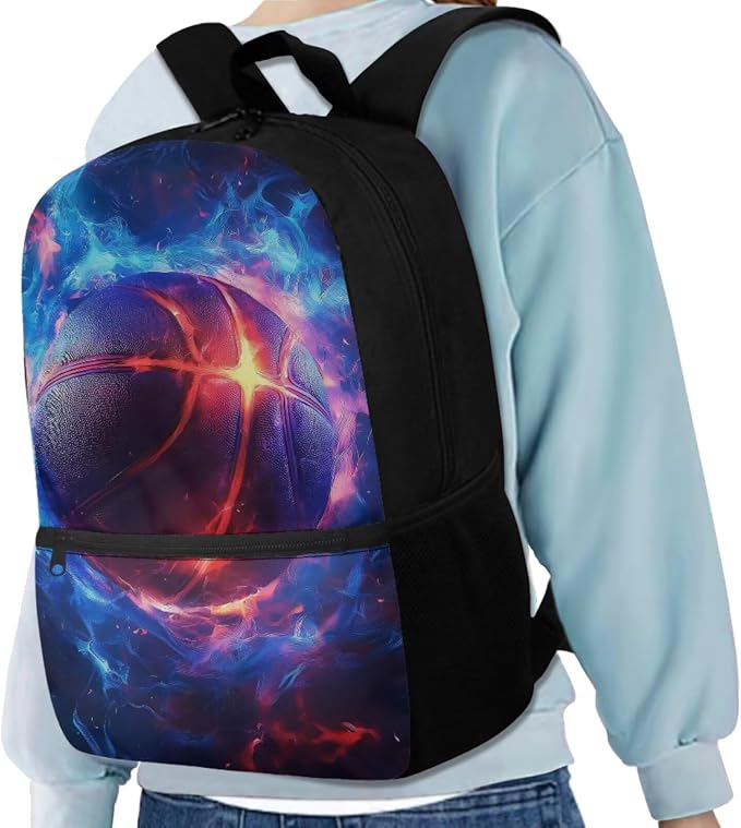 Fire Basketball Backpack for School Boys Backpack with Lunch Box Water Bottle Carrier with Strap and Soft Pencil Case 4PCS Set Bookbag with Front Pocket 17 inch Sturdy School Bag for Kids - Image 2