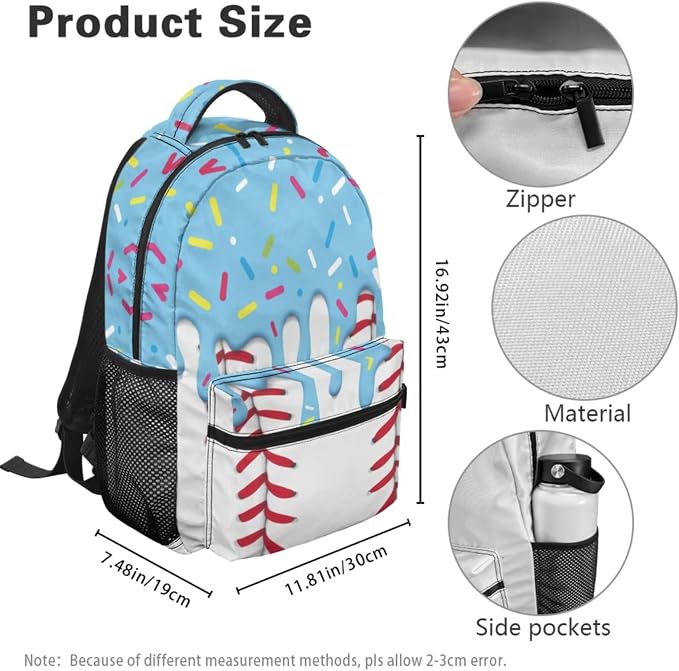 Sweet Ice Cream Drip Baseball Backpack Set – Lightweight 4-Piece School Bag with Lunch Box, Pencil Case & Dinosaur Charm, Cute Bookbag for Girls 3rd 4th 5th Grade Sporty Backpack - Image 4