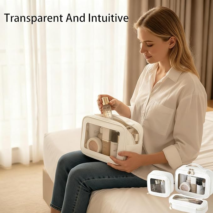 2 Complete Sets of 3-Size Makeup Bags | Premium Transparent & Waterproof Cosmetic Organizer Storage Bag | Travel Toiletry & Skincare Storage Set (White, L+M+S) - Image 6