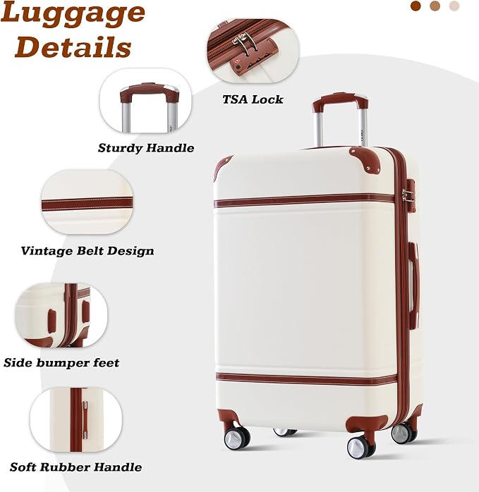 Merax Luggage Set,24 IN Hardside Suitcase with Duffel Bags,3 Piece Expandable Luggage with Spinner Wheels, Vintage Luggage with TSA Lock Lightweight,(White) - Image 3
