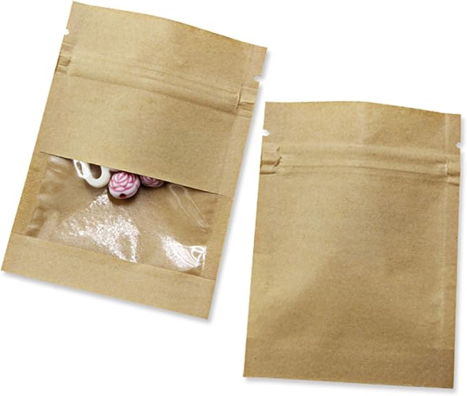 PABCK 100 Pack Clear WindowBrown Kraft Paper for Zip Seed Packets Lock Food Storage Bags Zipper Lock Seeds Envelopes Resealable Heat Seal Pouch Coffee Packet (3.5x5.1 inch (Inner Size 3.1x3.9 inch)) by PABCK