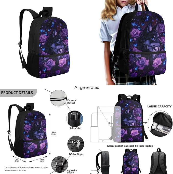 Aesthetic Wolf Backpack for Girls Kids Backpack with Lunch Box Water Bottle Holder with Strap and Big Pencil Case 4PCS Sturdy Bookbag with Front Pocket for School 17" Lightweight School Bag - Image 3