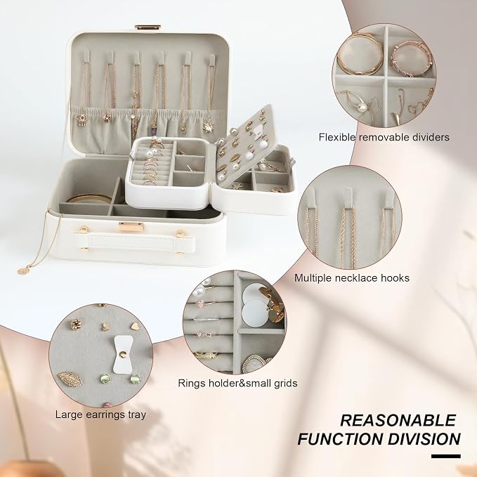 White Jewelry Box, Large Travel Jewelry Case Organizer, 2 Layer Jewelry Holder Organizer, Traveling Jewelry Organizer for Women, Watch Case for Women, White - Image 3