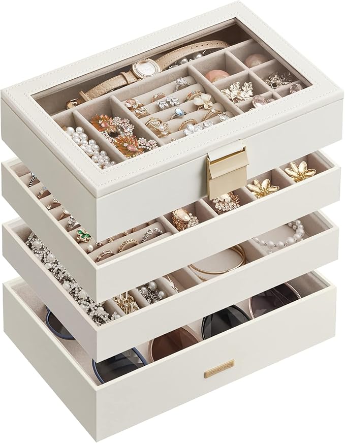 SONGMICS GISELLA Collection - Stackable Jewelry Trays, 4-Tier Jewelry Box, Drawer Jewelry Organizer, with Glass Lid, Removable Dividers, 6.7 x 11 x 7.2 Inches, Gift Idea, Cloud White UJBC164W01 by Unknown
