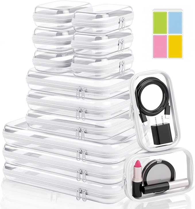 15 Pack Clear Hard Shell Zipper Case with 40 Labels, X-Large/Medium/Small Stackable Clear Pouches, Crush-resistant Travel Toiletry Bag Organizer for Makeup Board Games Electronics (White) - Image 8