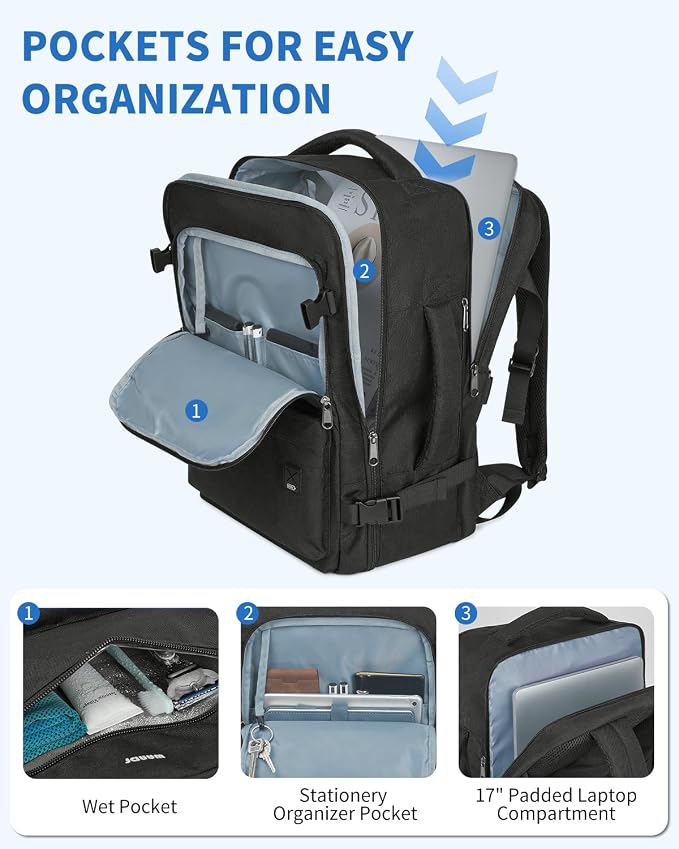 WANDF Travel Backpack For Spirit Airlines Personal Item Bag 18x14x8 with Wet Pocket, 17 Inch Laptop Backpack for Men Women | Frontier Airline Underseat Fit, Fits 17" Laptop, 180°Opening, Travel Backpack - Image 4
