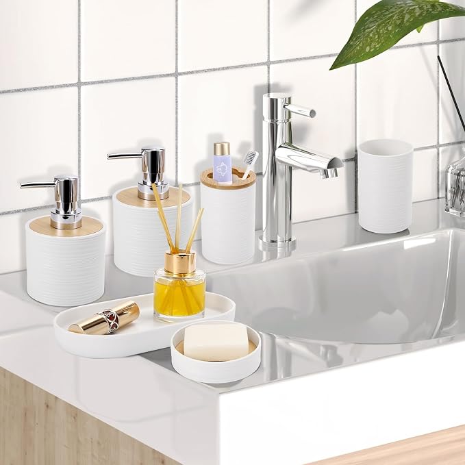 XLHOMO White Bathroom Set, White Bathroom Accessories Set with Trash Can, 2PCS Soap Dispensers, Soap Dish, Toothbrush Holder, Toothbrush Cup,Toilet Brush, Tray and Qtip Holders for Bathroom Decor - Image 5