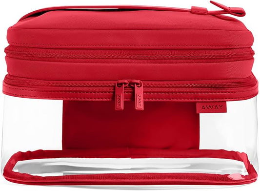 Away Clear Cosmetic Case - Water-Repellent Transparent Cosmetic Bag with 2 Compartments, Brush Holder, Interior Zip Pocket - Cherry Red by Away