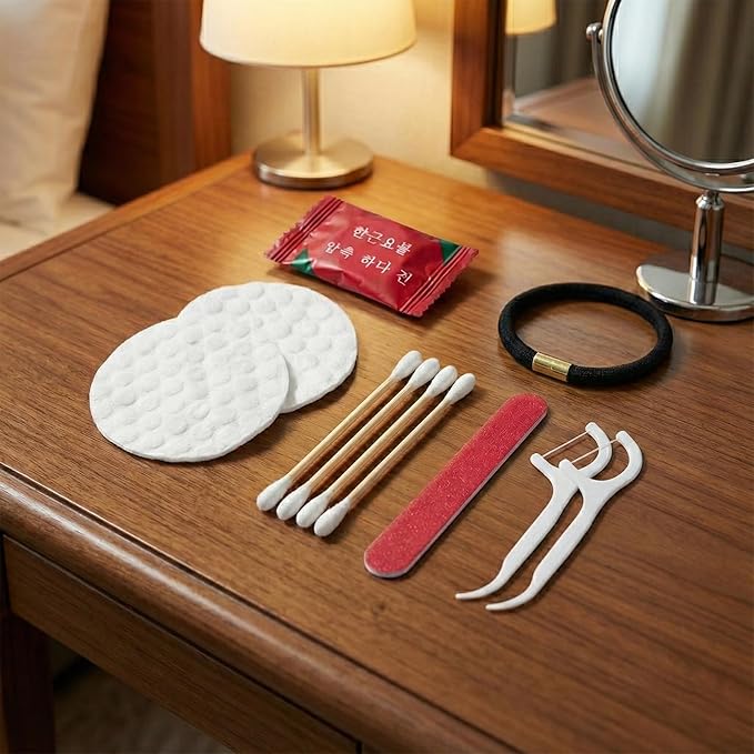 100 Pcs Hotel Vanity Kit Individually Wrapped Bulk Travel Hospitality Supplies Disposable Hygiene Products Cotton Pads, Cotton Swabs, Hair Tie, Nail File, Dental Floss for Motels Toiletries Homeless