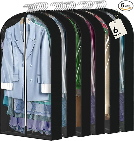 6 Pcs 60" Garment Bags for Hanging Clothes, Clear Suit Bags for Closet Storage Clothing Storage, Garment Bags Shoulder Covers with 4" Gussets for Coats, Jackets, Shirts and Sweater Black by AURUZA
