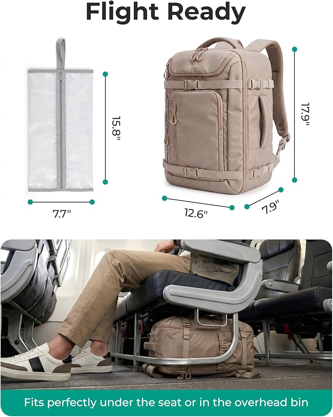 BAGSMART 35L Travel Backpack for Women & Men Fits 17-Inch Laptop, Airline Approved Carry On Backpack with Wet Pocket & Shoe Pouch, Water-Resistant Personal Item Travel Bag, Camel - Image 2
