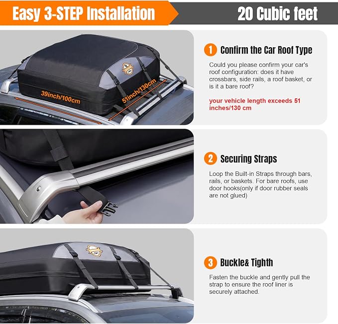 Sailnovo Rooftop Cargo Carrier Roof Bag, 20 Cubic feet Soft Waterproof Car Roof Bag fit Cars with/Without Rack, 6 Tie-Down Straps, 6 Door Hooks, Foldable Car Top Carrier for Road Trip Camping Travel - Image 7