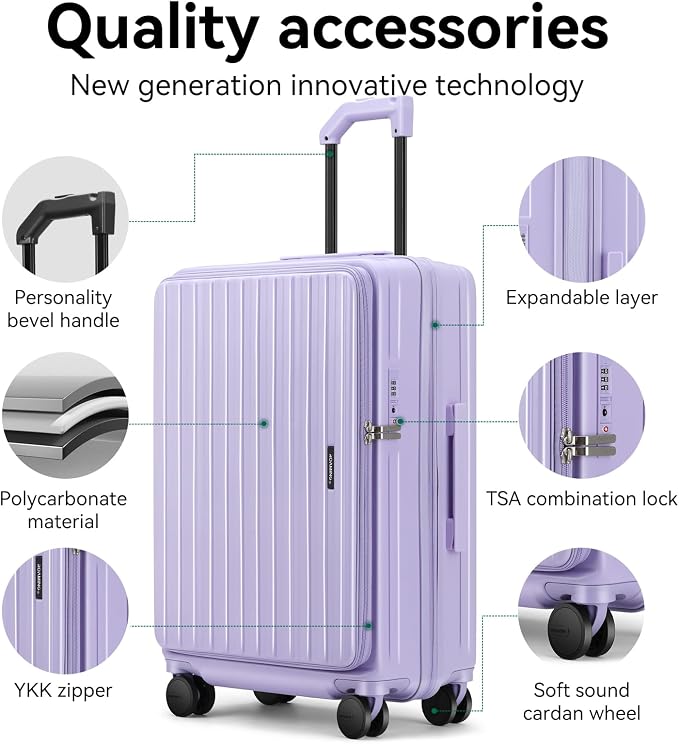 ROAMING 20 Inch Carry On Luggage Expandable Front Opening Rolling Vacation Suitcase with Spinner Wheels and TSA Lock Cup Holder PC Hard Shell Travel Trolley Case for Shout Business Trips purple - Image 3
