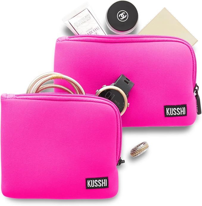 KUSSHI 2pc Neoprene On-The-Go Pouch Set - Passport Holder and Travel Zipper Makeup Pouch for Purse - Small Purse Pouch for Organization, Electronics, Glasses & Valuables (Pink) by Unknown
