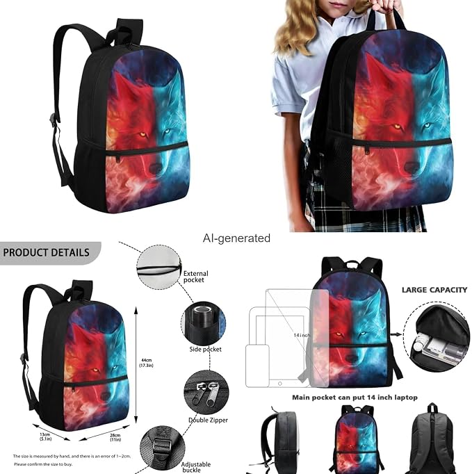 Fire Wolf Backpack for Boys Kids Backpack with Lunch Box Water Bottle Carrier and Large Pencil Case 4PCS Set Bookbag with Front Pocket for School Teens 17 inch Lightweight School Bag for Girls - Image 3