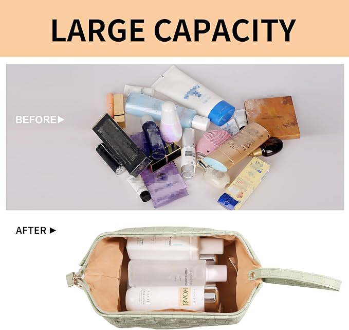 Abiudeng Large Capacity Makeup Bag Ladies Cosmetic Bag Travel Bag with Compartments Portable PU Leather Travel Makeup Bag with Handle - Image 4