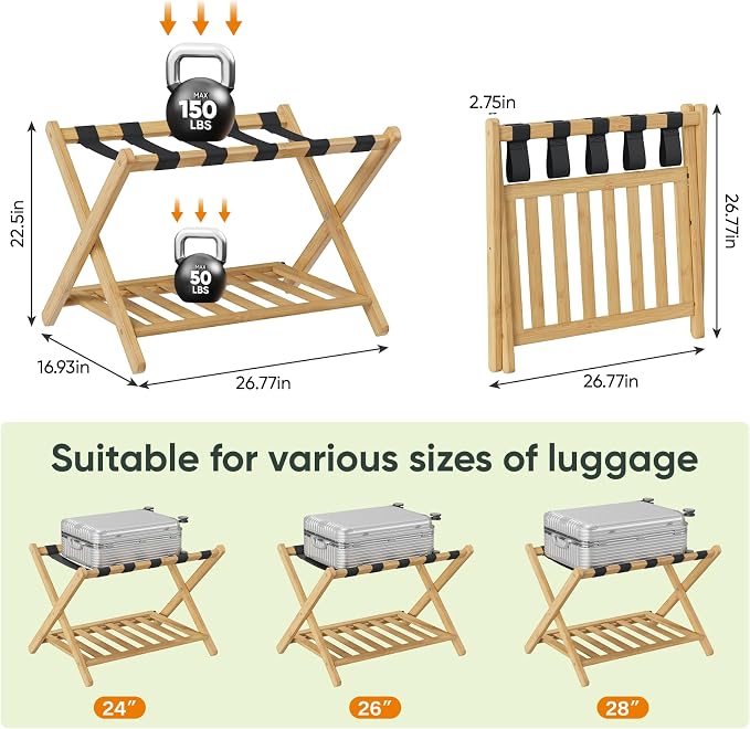Smart FENDEE Fully Assembled Bamboo Luggage Rack, Heavy Duty Folding Suitcase Stand with Storage Shelf, Guest Room Essentials, Ideal for Bedroom, Hotel, Natural - Image 7