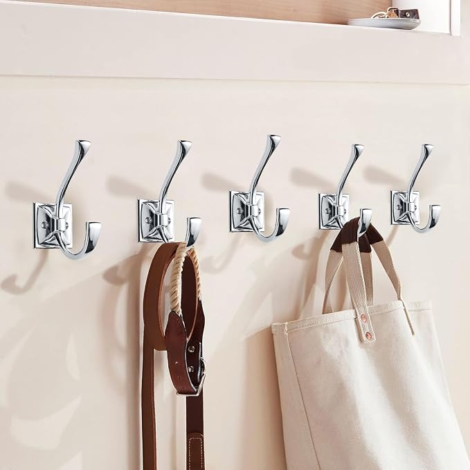 Large Wall Hooks - 2 Pack Polished Chrome Coat Hooks for Hanging Coats, Towels, Robes - 4.35 Inch Double Wall Mounted with Screws for Keys, Bags, Cups, Hats - Image 3