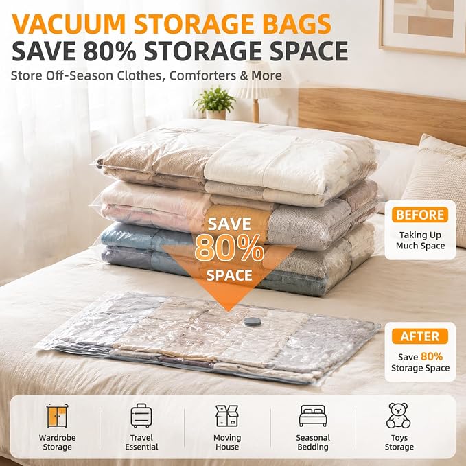 2in1 Rechargeable Air Pump Vacuum Storage Bags, Inflation/Deflation Dual Use Travel Compression Bags, 10 Pack Reusable Space Saver Bags for Suitcase, Clothes and Home Wardrobe（Orange and white） - Image 4