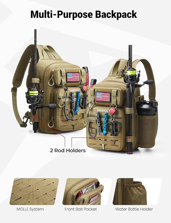 Piscifun Fishing Backpack Tackle Bag with 2 Rod Holders, Multi-Compartment Storage, MOLLE System, Water-Resistant Lightweight Outdoor Pack - Image 4