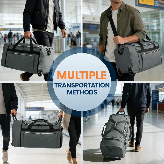 Uarition 70L Foldable Rolling Duffle Bag with Wheels, 28” Large Duffle Bag for Travel, Carry On Luggage Duffel Bag for Traveling/Camping/Moving, Water Resistant, Grey - Image 6