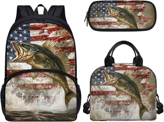 3 Pack American Flag Fish Print Backpack School Bag with Lunch Box Pencil Case Set Casual School Bags Rucksack for Elementary/Primary/Middle by Wideasale