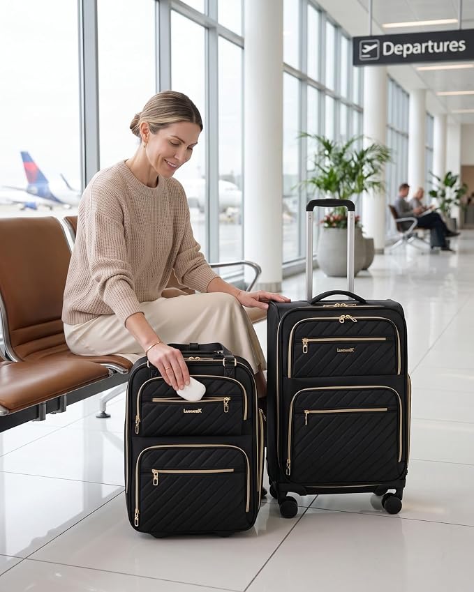 LUGGEX 2-Piece Carry On Luggage Set with Wheels, 17" Underseat Bag & 21" Expandable Carry On Suitcase, Lightweight Softside Travel Set with Spinner Wheels, Black(UX-Core, Black, 2 Piece 17/21 Inch) - Image 2