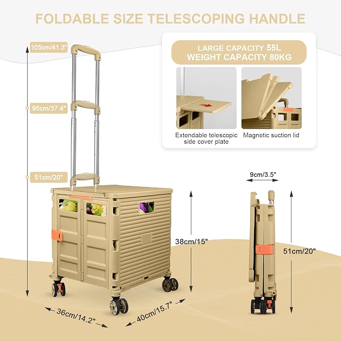 FELICON SELORSS Folding Utility Cart Portable Rolling Crate Handcart-Khaki | Magnetic Sliding Lid,Telescoping Handle,Plastic Box Dolly,360°Swivel Wheels for Travel Shop Move Laundry Office Teacher Use - Image 4