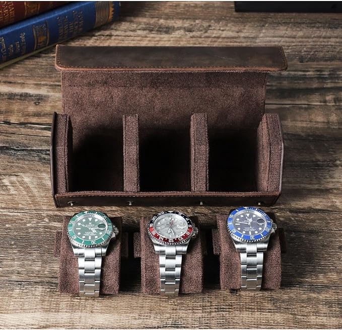 Genuine Leather Watch Roll Travel Case, Vintage Full Grain Leather Hexagon Watches Storage Organizer with Display Removable Pillows & Solid Dividers for Home Storage &Display(3 Slots) - Image 7