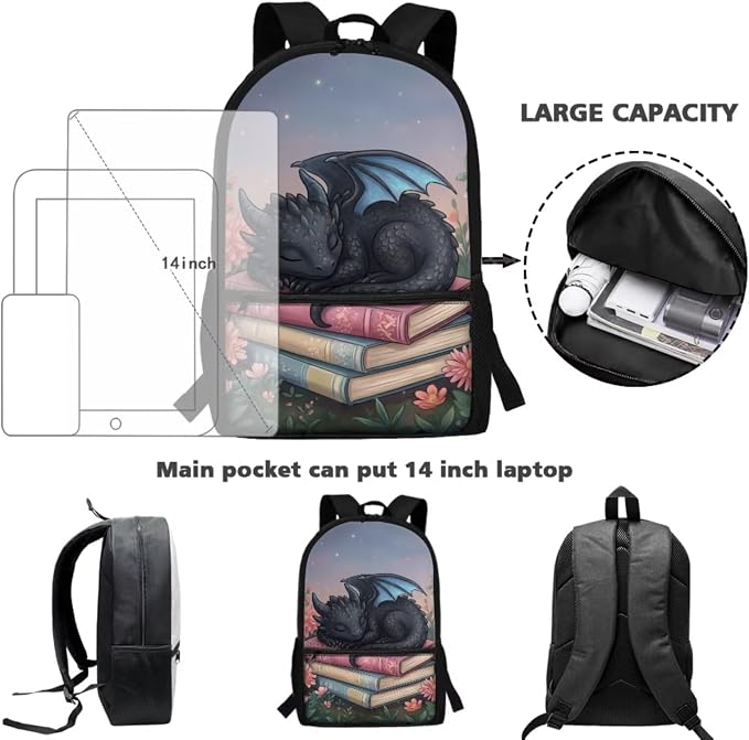Cute Dragon Backpack Boys Girls Elementary School 4 Piece School Bag Set with Lunch Box and Water Bottle Holder Ages 6 7 8 9 10 11 12, Lightweight Waterproof Bookbag - Image 4