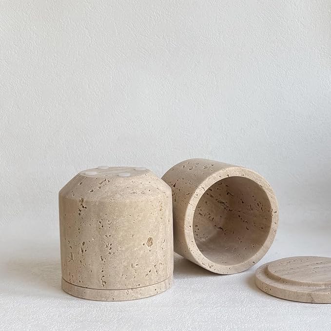 Natural Marble Hole Stone Cosmetic Cotton Swab Sundry Small Tank Storage Box Jar with Lid (Yellow Travertine) - Image 3