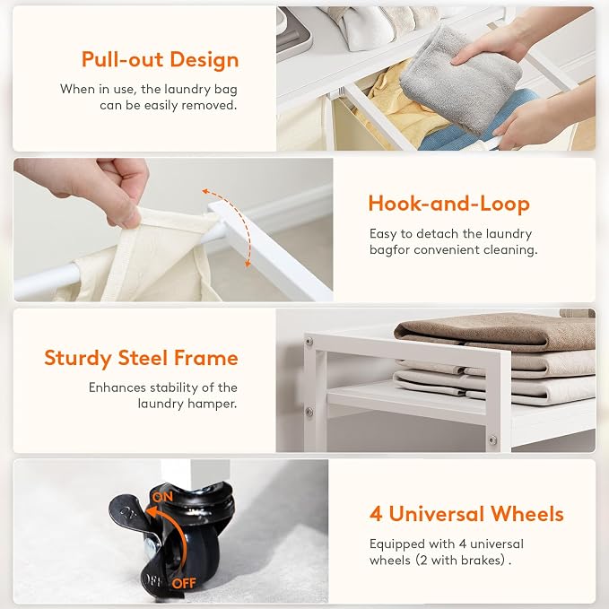 Lifewit Laundry Hamper 4 Section, 168L Pull out Laundry Clothes Basket Organizer with Large Top Shelf and 4 Removable Bags and Handles for Laundry Room Bedroom Bathroom, White with Shelves and Wheels - Image 4