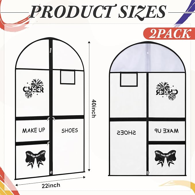 FoldTier 2 Pcs Cheer Garment Bags for Cheerleading Uniform 40 Inch Clear PVC Waterproof Cheer Uniform Bag with 3 Zipper Pockets for Dancers Competitions, Travel, Hanging Clothes, Black Edge - Image 2