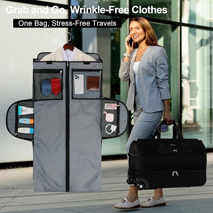 Modoker Convertible Rolling Garment Bag for Travel, Suit Travel Bag with Trolley, Garment Duffel Bag with Wheels & Shoes Compartment for Business Trip, Weekender - Black - Image 5