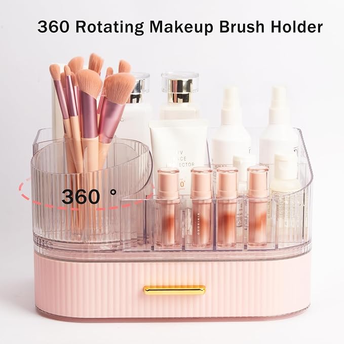 360 Rotating Makeup Organizer with Stackable Drawer, 11-inch Wide Large Cosmetic Display Case, Makeup Brush Holder, Skincare Organizers and Storage for Dresser, Vanity, Bathroom Countertop - Image 2