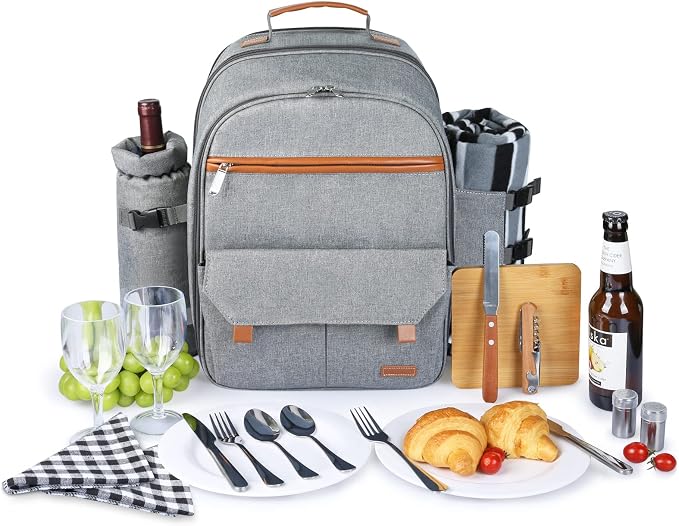 Sunflora Insulated Picnic Backpack for 2 Person Bag with Cooler Compartment, Wine Pouch, Blanket and Stainless Steel Cutlery Set for Couple, Lovers and Friends (Grey) - Image 3
