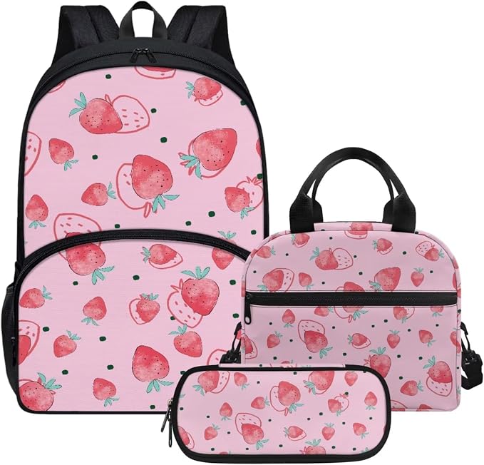 Pink Strawberry Backpack Set for Girls Kids Lightweight Cute School Backpack with Lunch Box Pencil Case Adjustable Strap Padded Book Bag Insulated Lunch Bag by Parprinty
