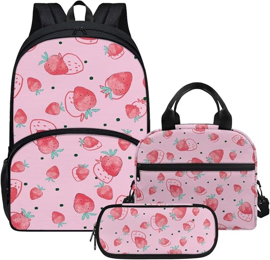 Pink Strawberry Backpack Set for Girls Kids Lightweight Cute School Backpack with Lunch Box Pencil Case Adjustable Strap Padded Book Bag Insulated Lunch Bag by Parprinty