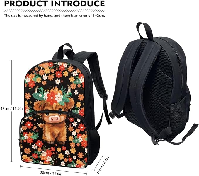 Kids Cute Floral Highland Cow Backpack Set, Lightweight School Backpack for Kids Elementary Bookbag for Students with Adjustable Strap, 3pcs with Lunch Box And Pencil Case - Image 5