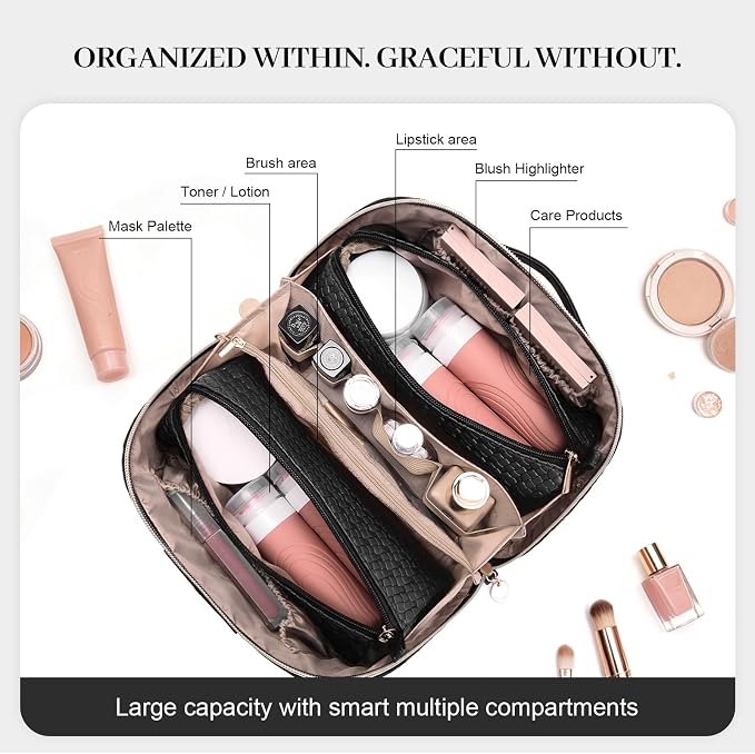 Travel Makeup Bag for Women: Designer 3 Pcs Set Cosmetic Bags for Women - Large Capacity Vagen Leather Hand-made for Toiletry Organizer - Ladies Travel Flat Open Essentials for Luxury (03Black) - Image 5