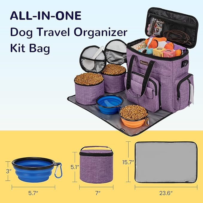 Modoker Dog Travel Organizer Carriers for Supplies & Accessories, Airline Approved Cat Pet Travel Bag, 2 Collapsible Bowls, 2 Travel Dog Food Container, Purple | Dog travel accessories set with feeding supplies, bowls, mat, and strap. Ideal for weekend... - Image 4